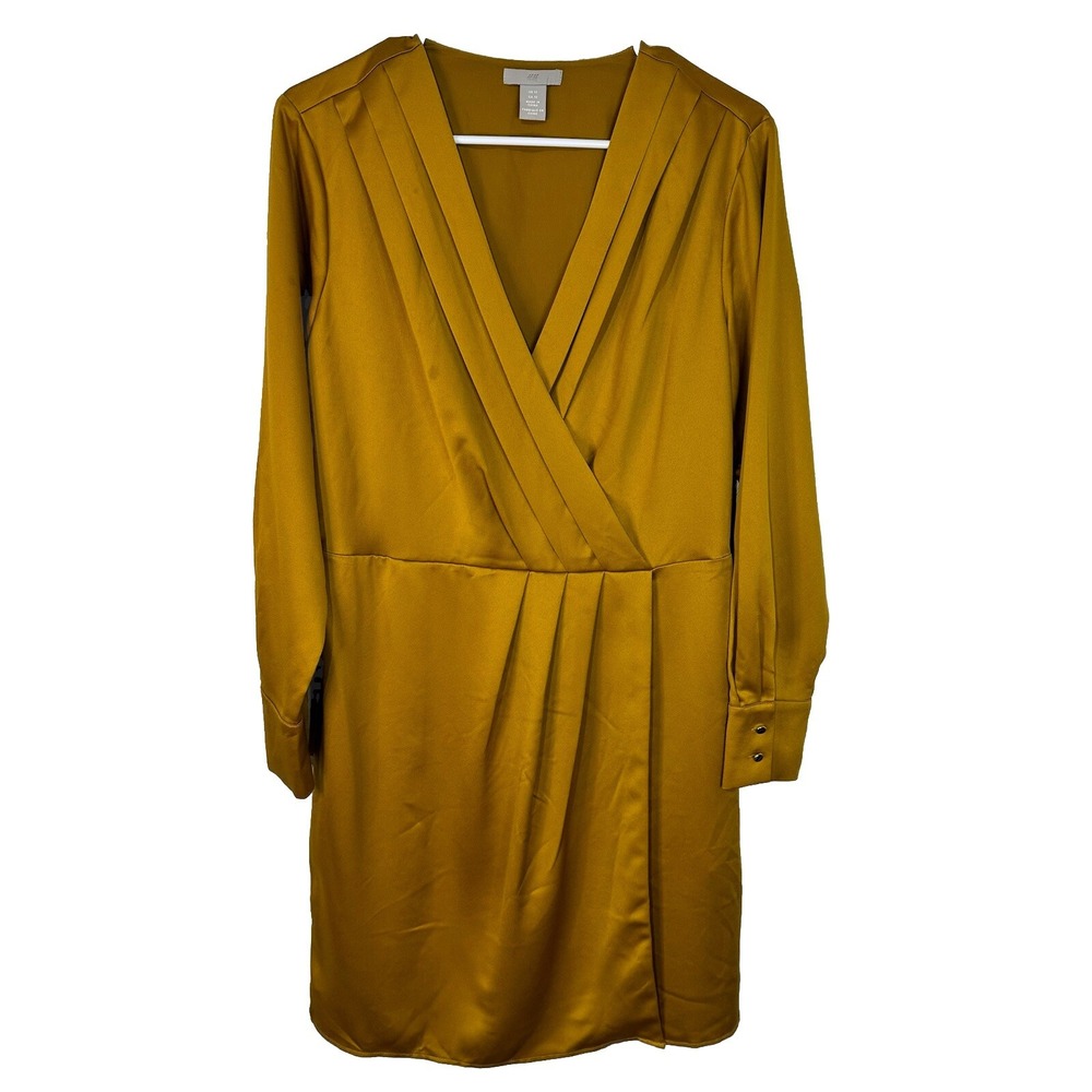 H&M Gold Satin Long Sleeve Wrap Midi Dress Size 12 V Neck‎